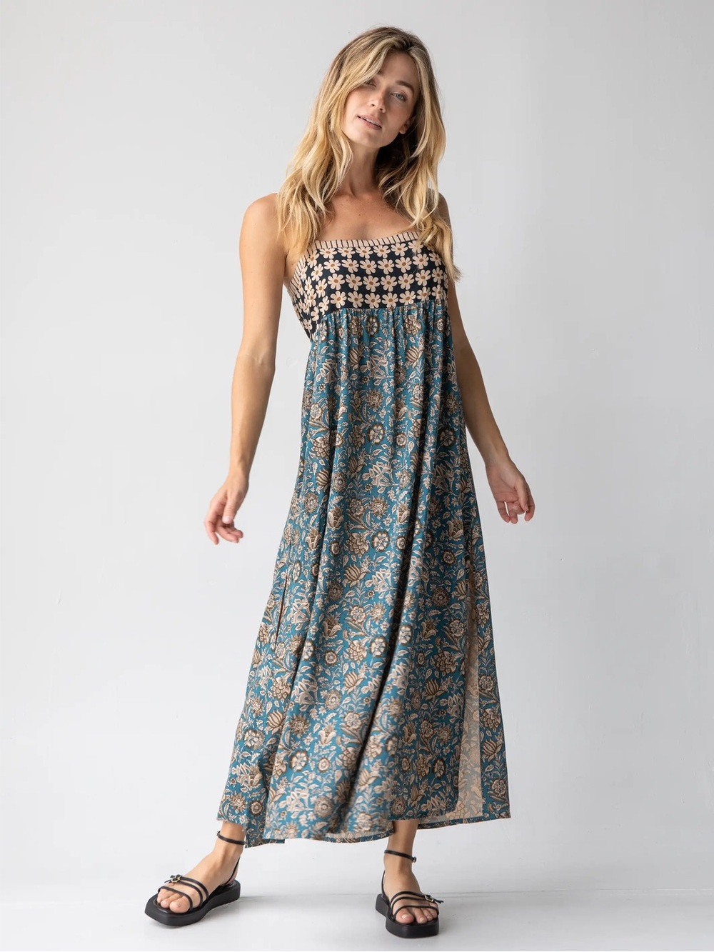 Natural Life Patti Side Slit Maxi Dress in Teal Cream Mixed Floral NWT